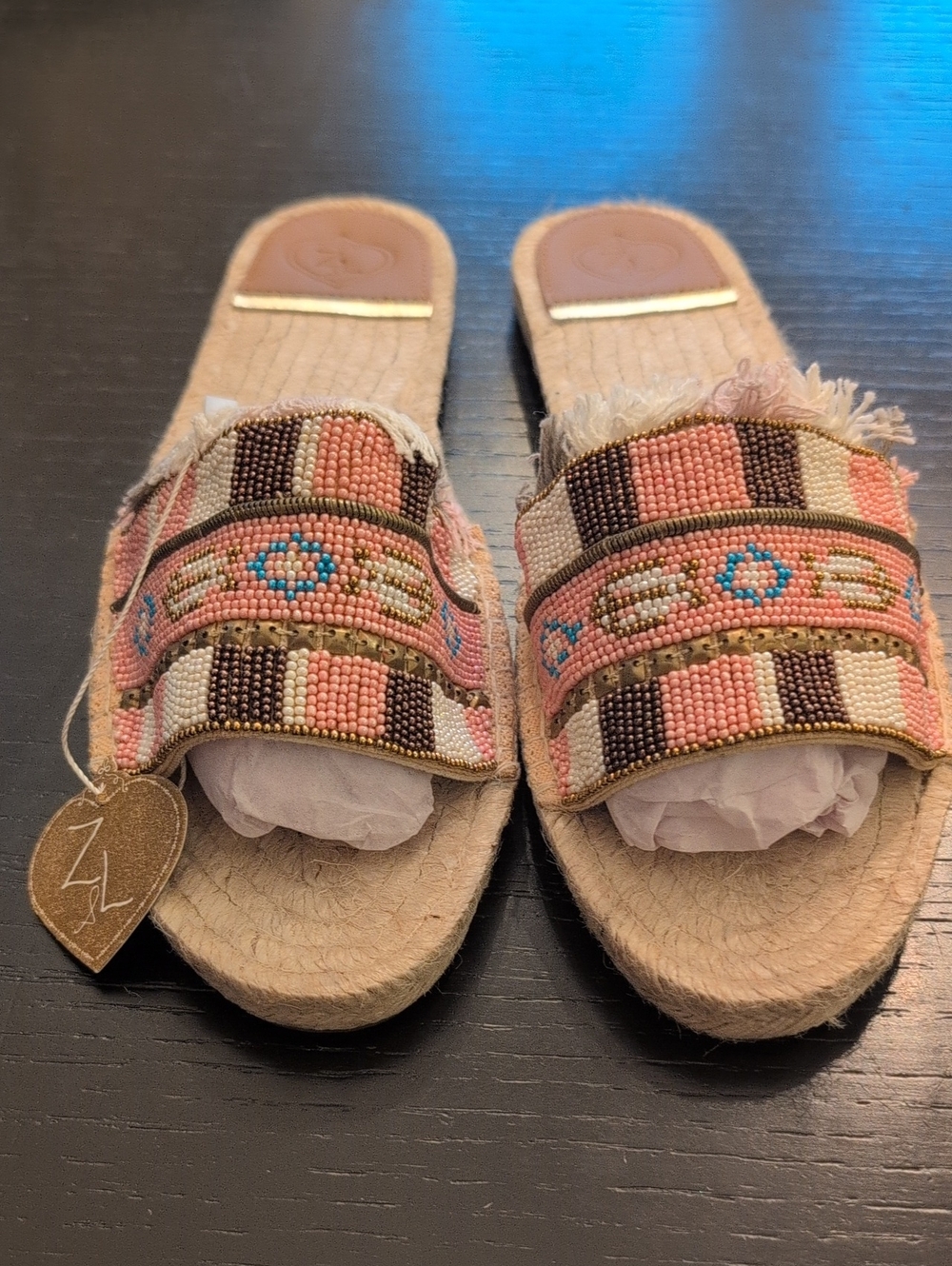 Beaded Pink & Brown Slide Sandals - Women